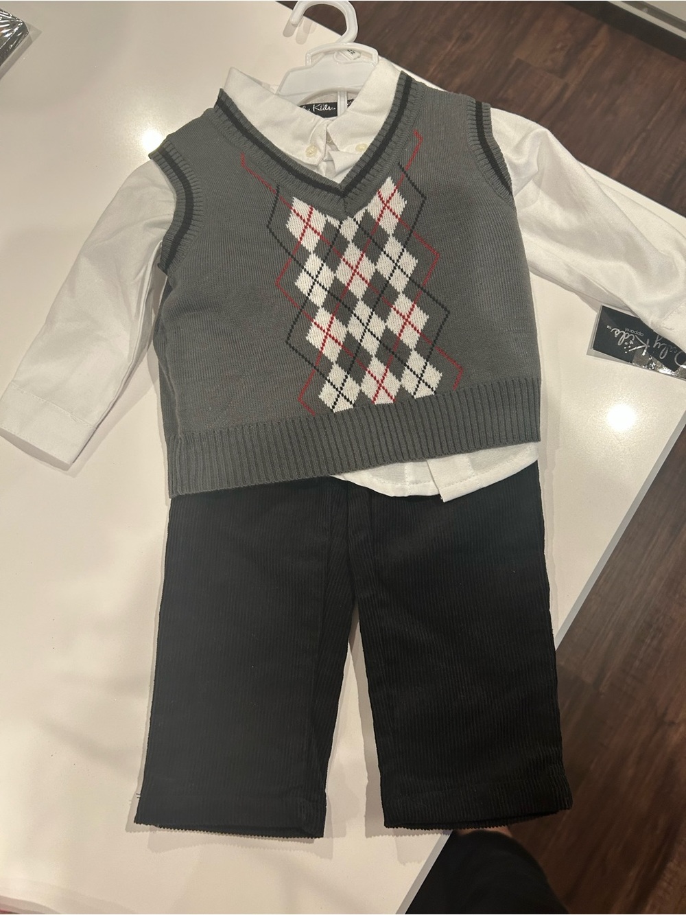 Children's Gray Argyle Sweater Vest Set w/White Shirt and Black Corduroy Pants